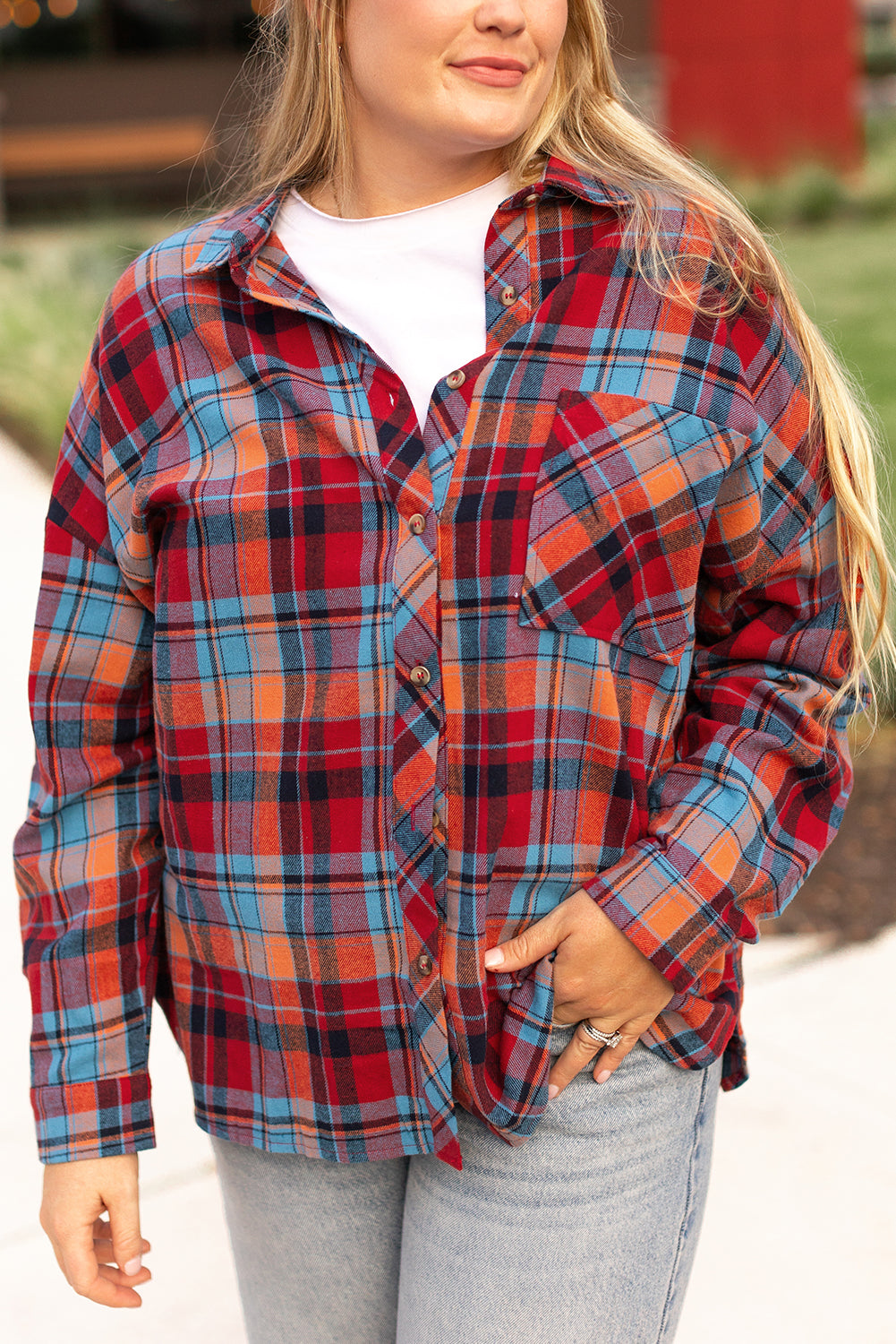 Plus Size Plaid Print Buttoned Shirt | Red