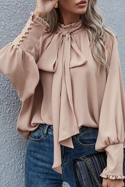 Frilled Knotted Mock Neck Bishop Sleeve Blouse | Khaki