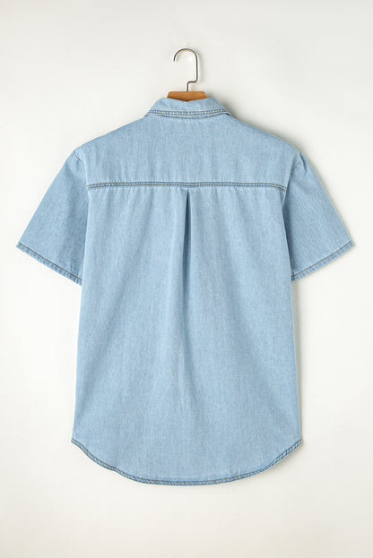 Vintage Light Wash Flap Pockets Rounded Hem Shirt | Mist Blue