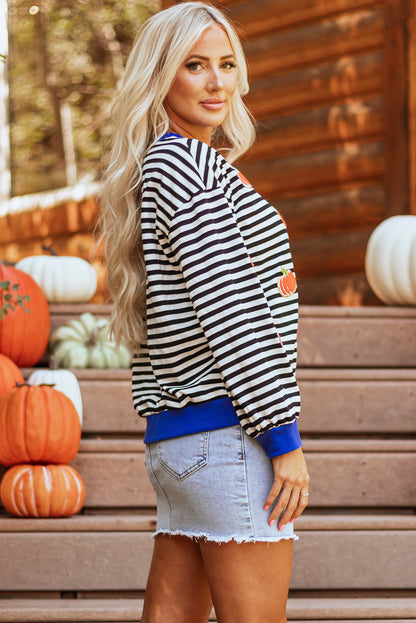 Glitter Halloween Pumpkin Print Oversized Sweatshirt | Black Stripe