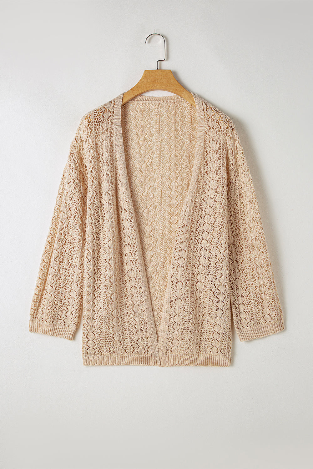 Hollow Out Knit Drop Shoulder Open Front Cardigan | Apricot