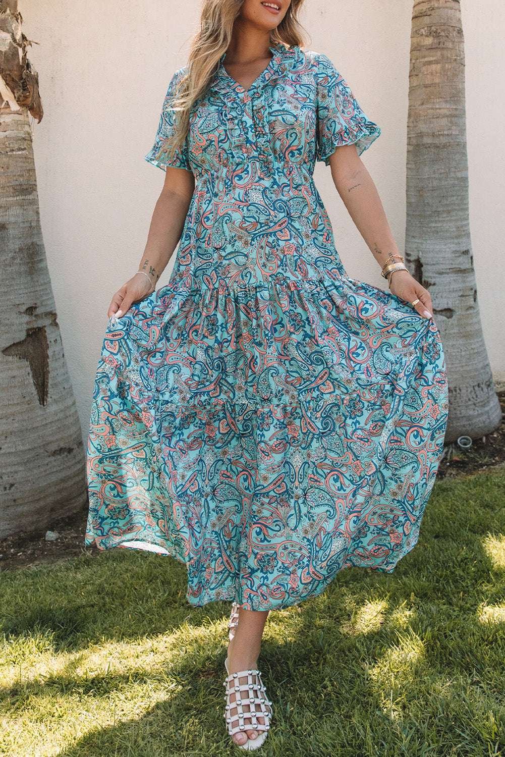 Paisley Print Boho Holiday Ruffle Tiered Maxi Dress | Sky Blue