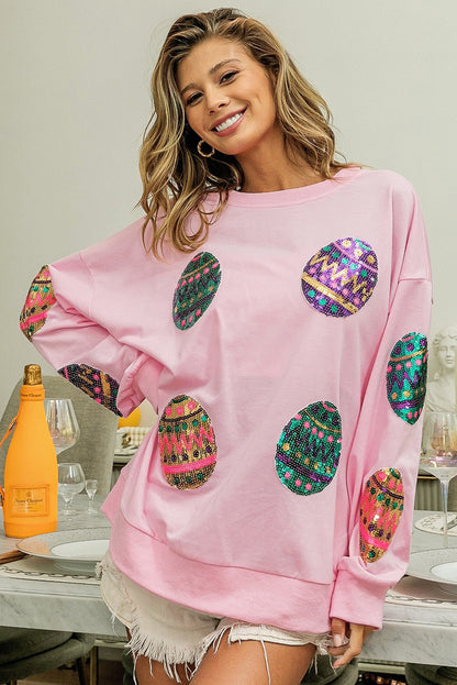 Sequined Easter Egg Drop Shoulder Oversized Sweatshirt | Pink