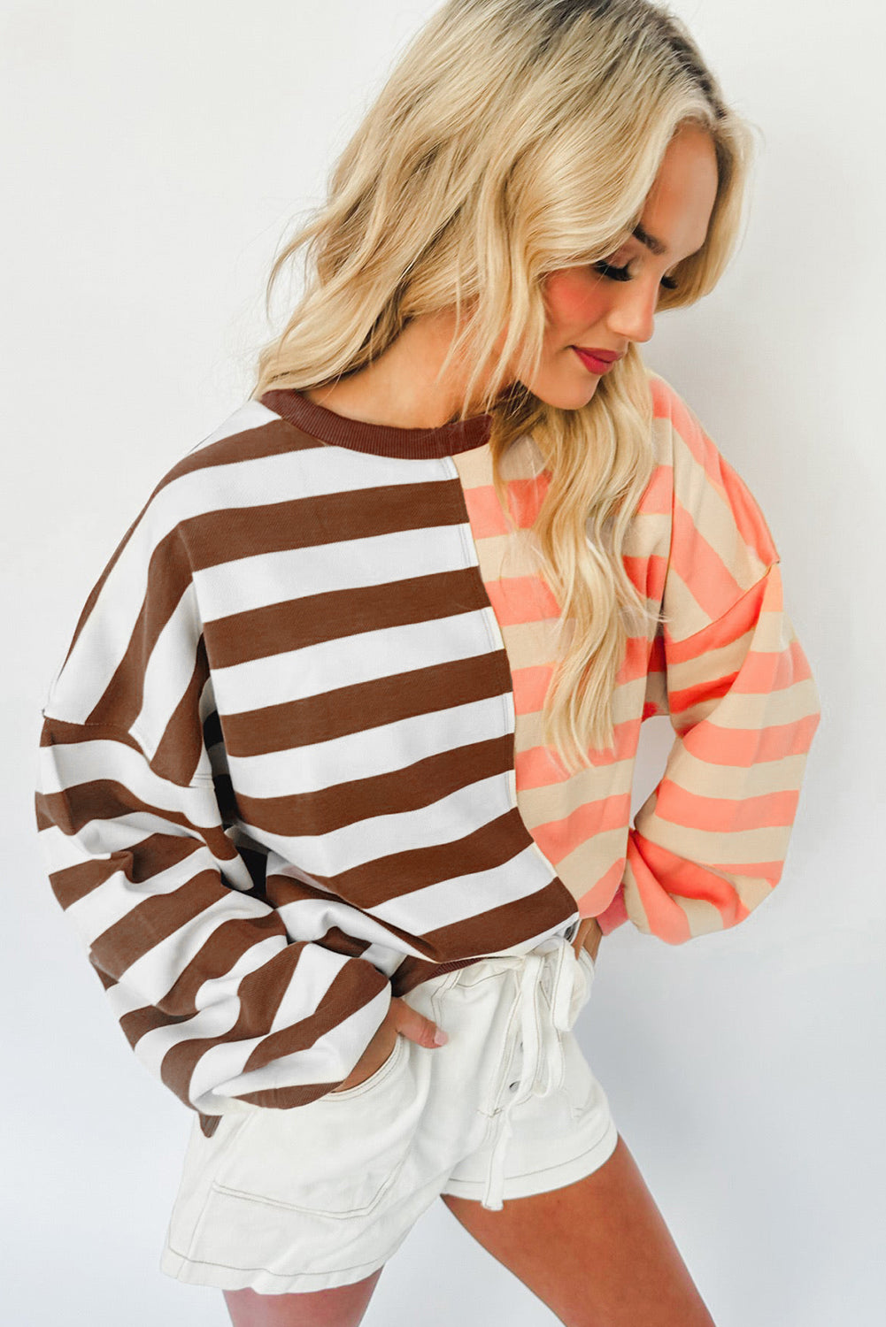 Colour Block Drop Shoulder Pullover Sweatshirt | Brown Stripe