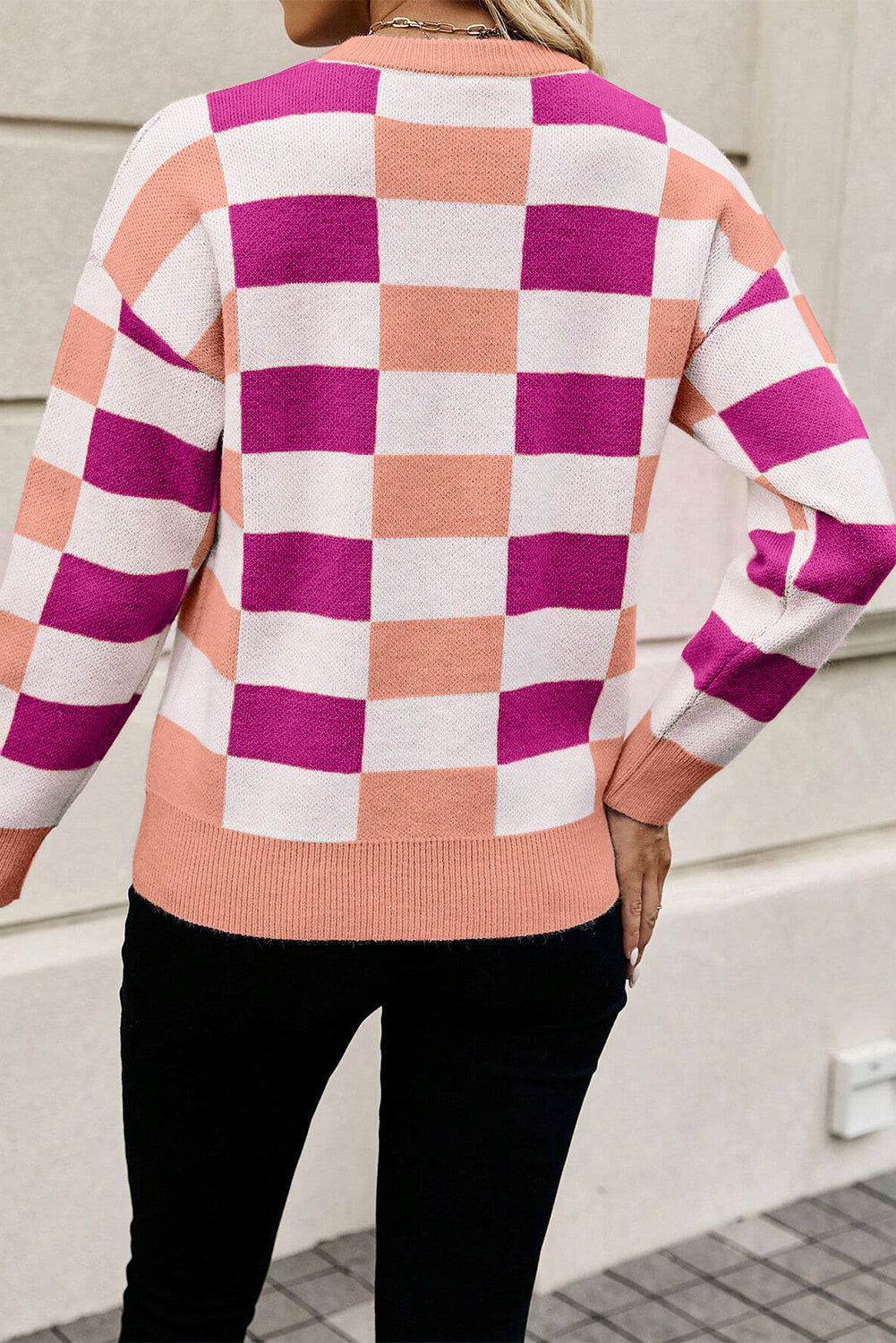 Checkered Ribbed Edge O Neck Drop Shoulder Sweater | Pink