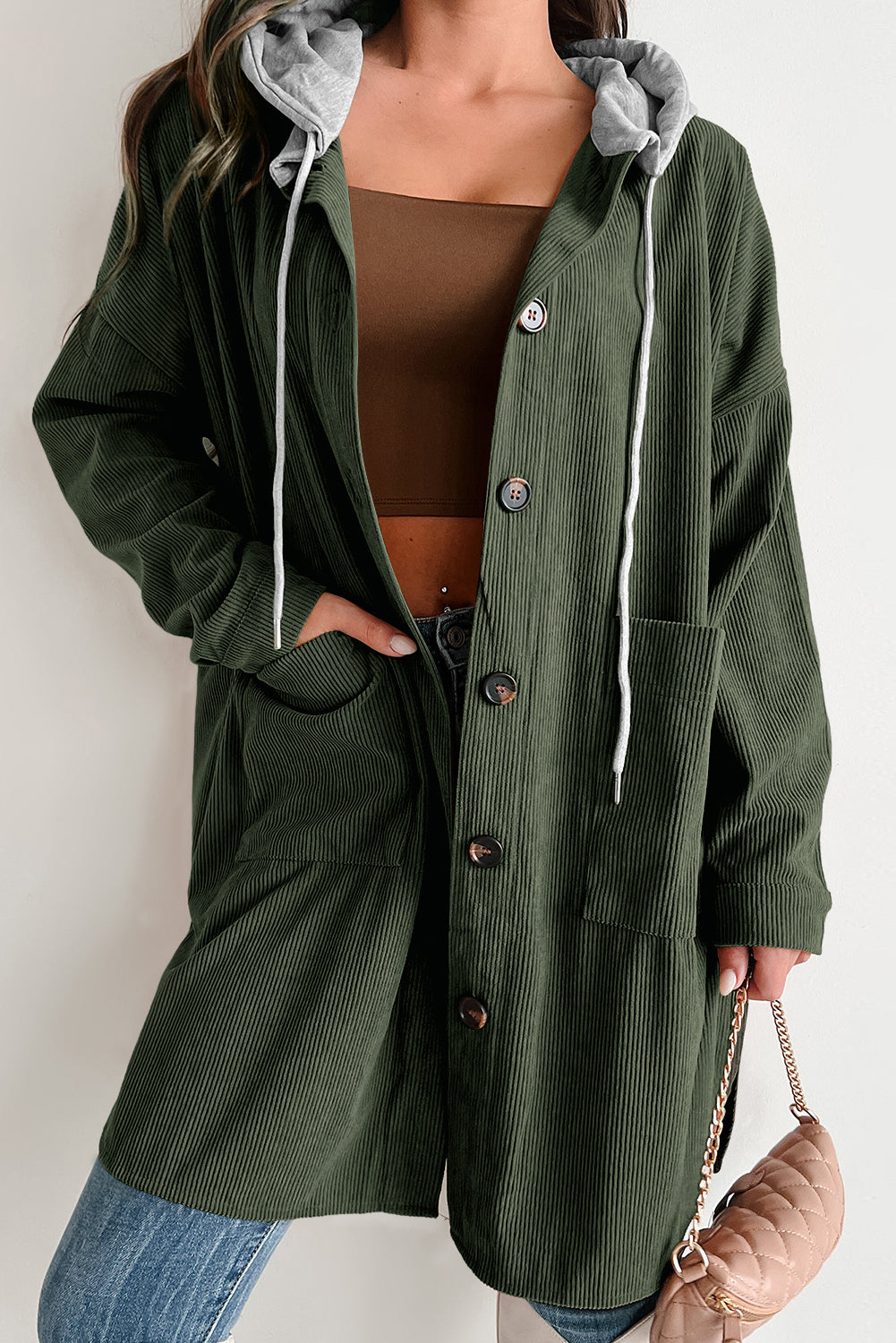 Oversized Corduroy Contrast Hooded Shacket | Jungle Green