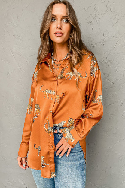 Cheetah Animal Print Button Up Satin Shirt | Russet Orange