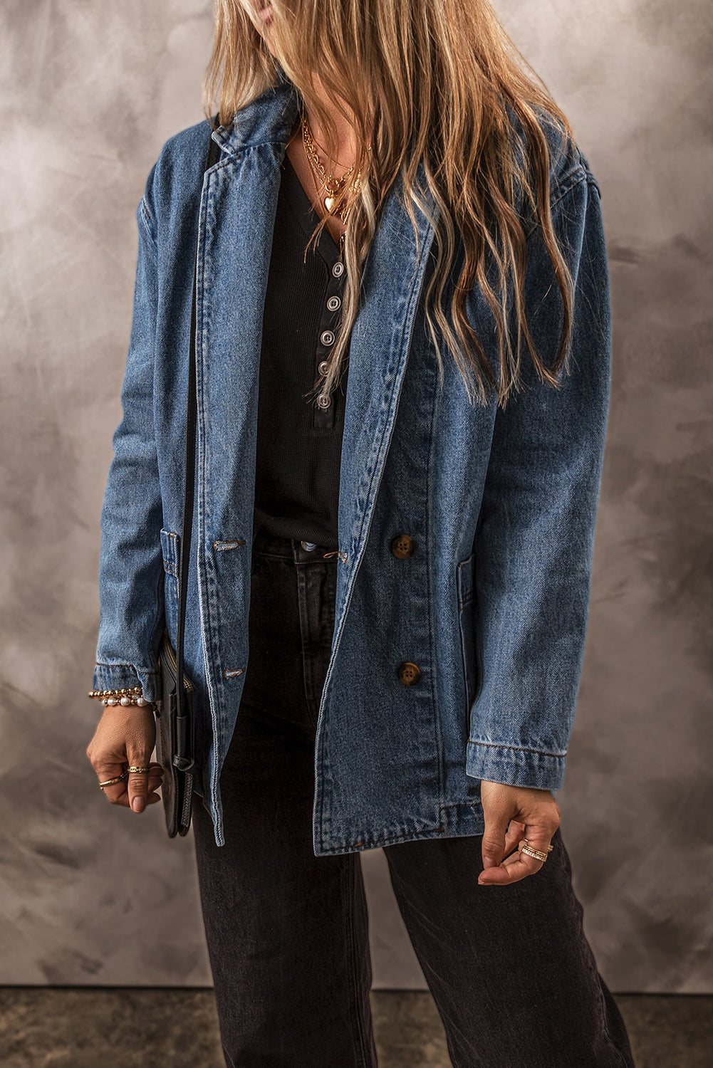 Side Pockets Lapel Collar Denim Jacket | Sail Blue