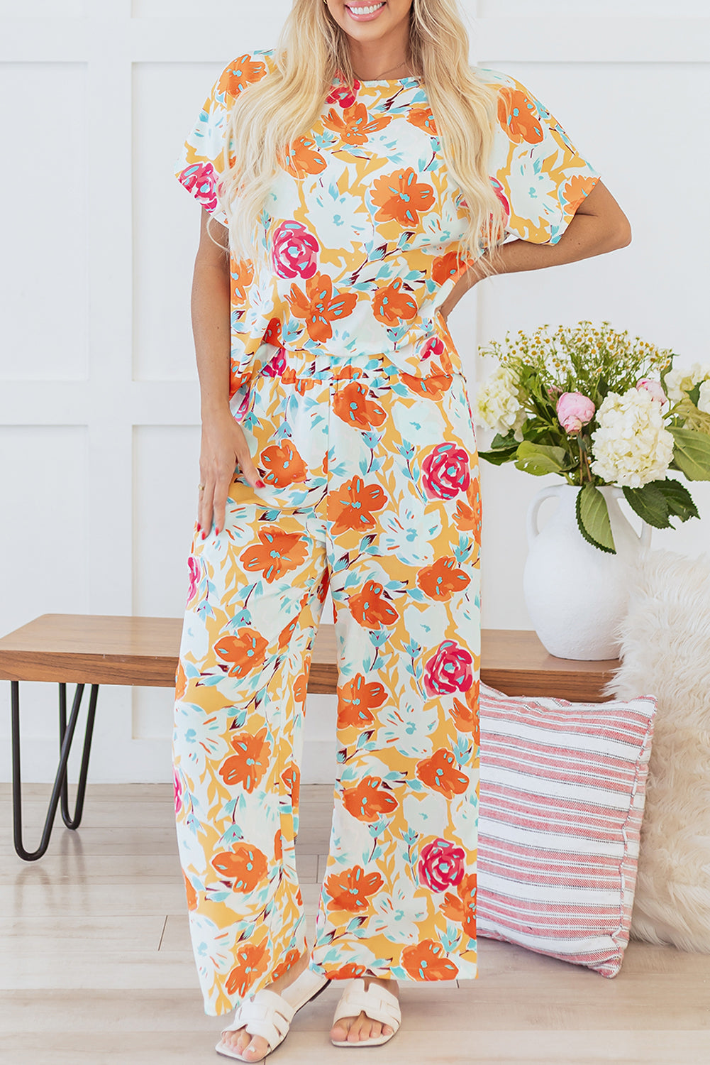 Vibrant Floral Printed Short Sleeve Top 2 Piece Pants Set | Orange