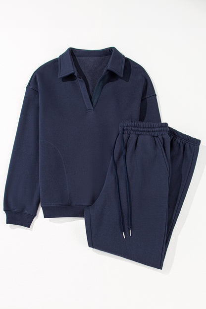 Fold Down Collar Pullover And Joggers Tracksuit | Navy Blue