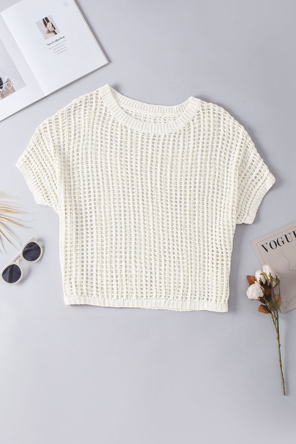 Whit Fishnet Knit Ribbed Round Neck Short Sleeve Sweater Tee | White