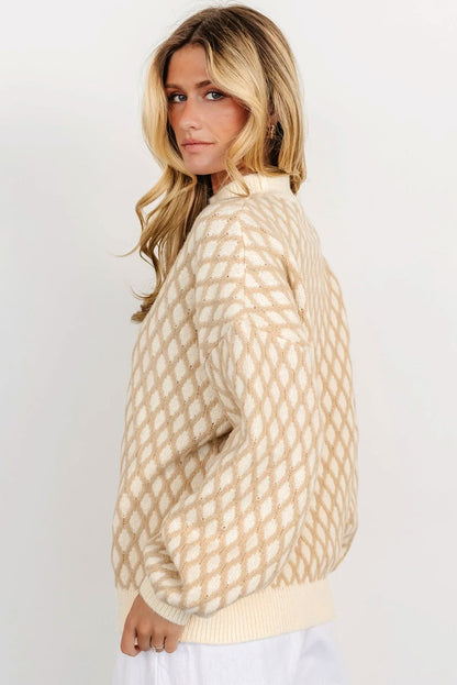 Diamond Knit Drop Shoulder Loose Sweater | Oatmeal