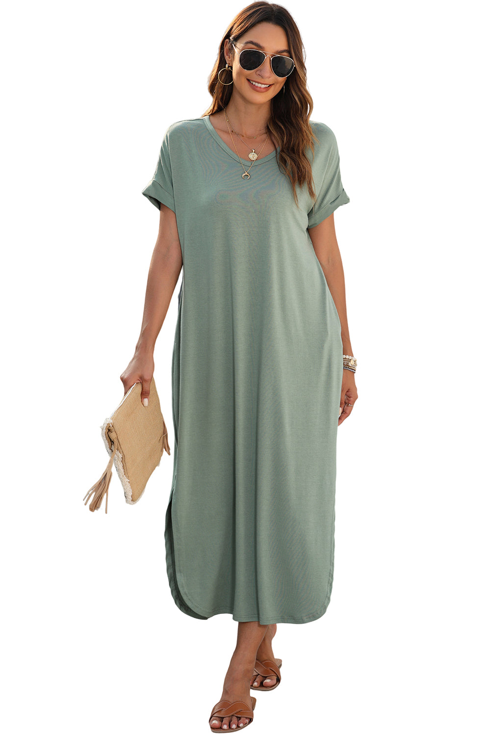 V Neck Hidden Pocket Splits Maxi T-Shirt Dress | Grass Green