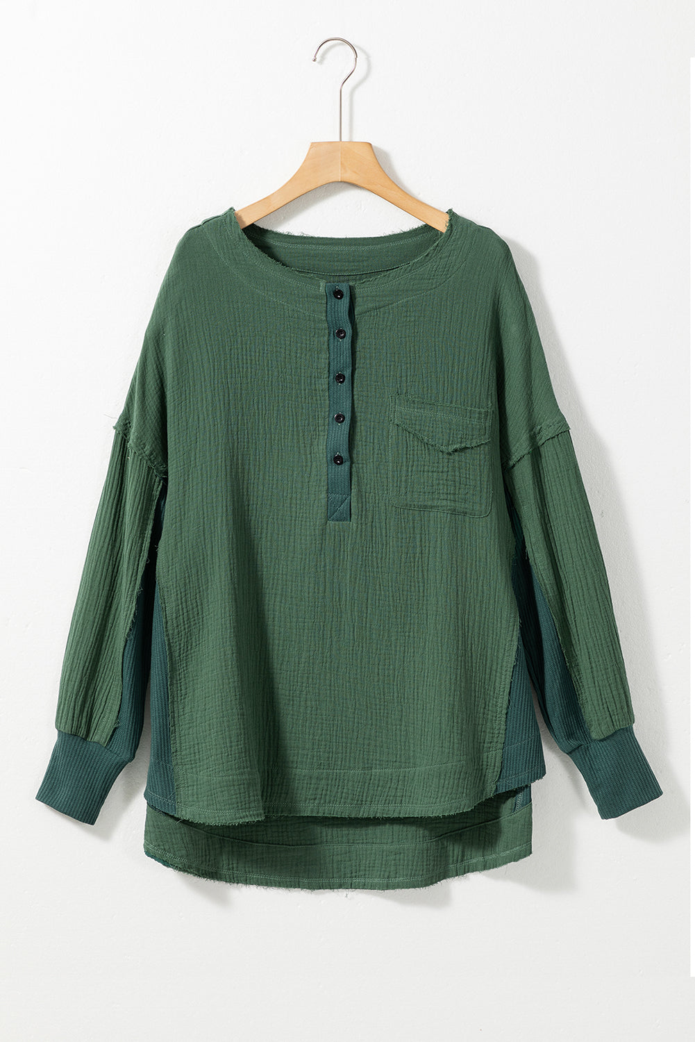 Textured Waffle Knit Patchwork Buttoned Neck Loose Blouse | Green