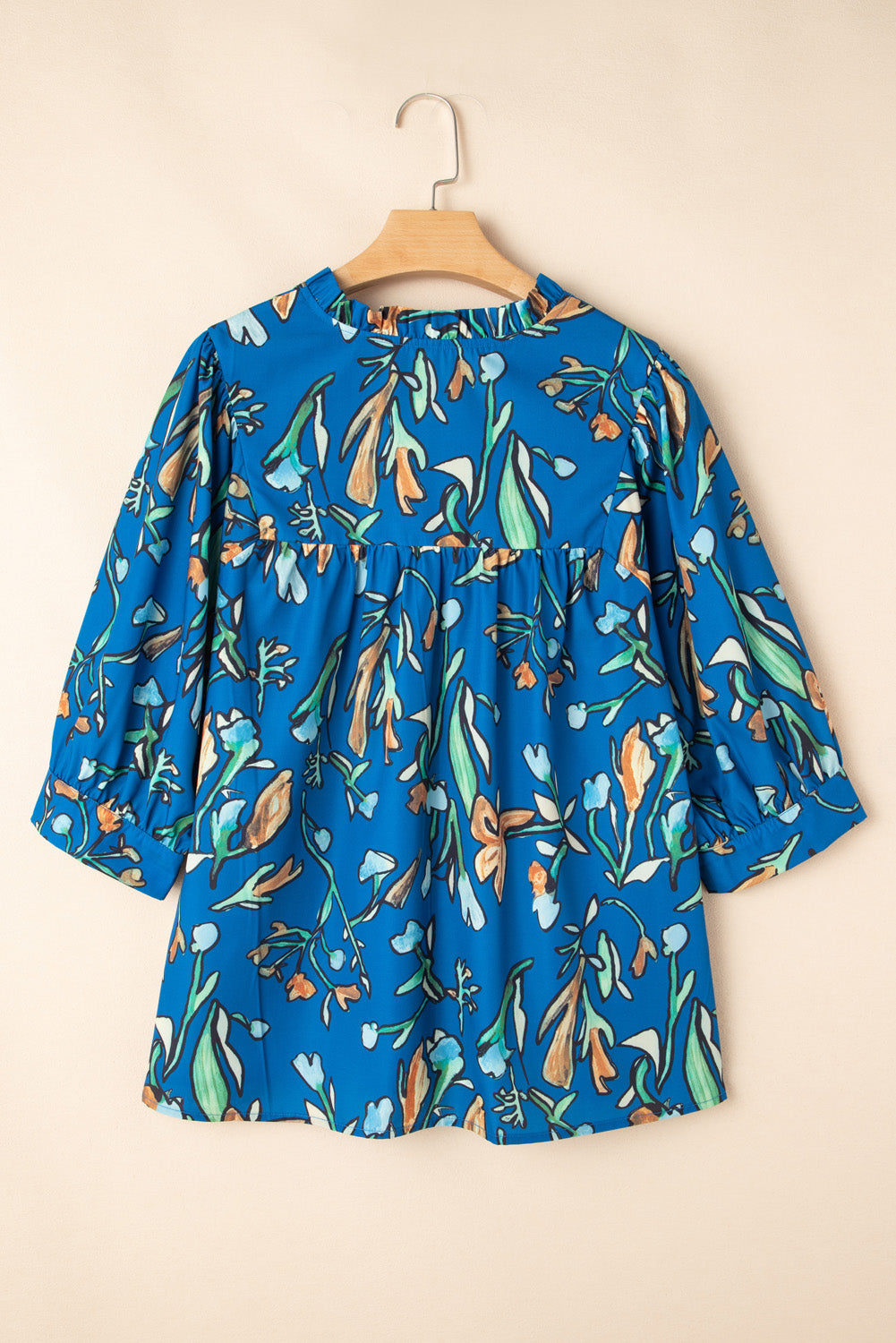 Floral Notched V Neck Half Sleeve Plus Size Blouse | Blue