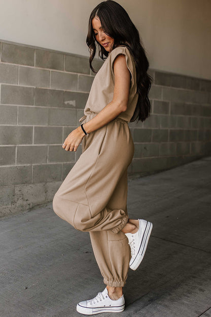 Cap Sleeve Open Back Drawstring Jogger Jumpsuit | Light French Beige