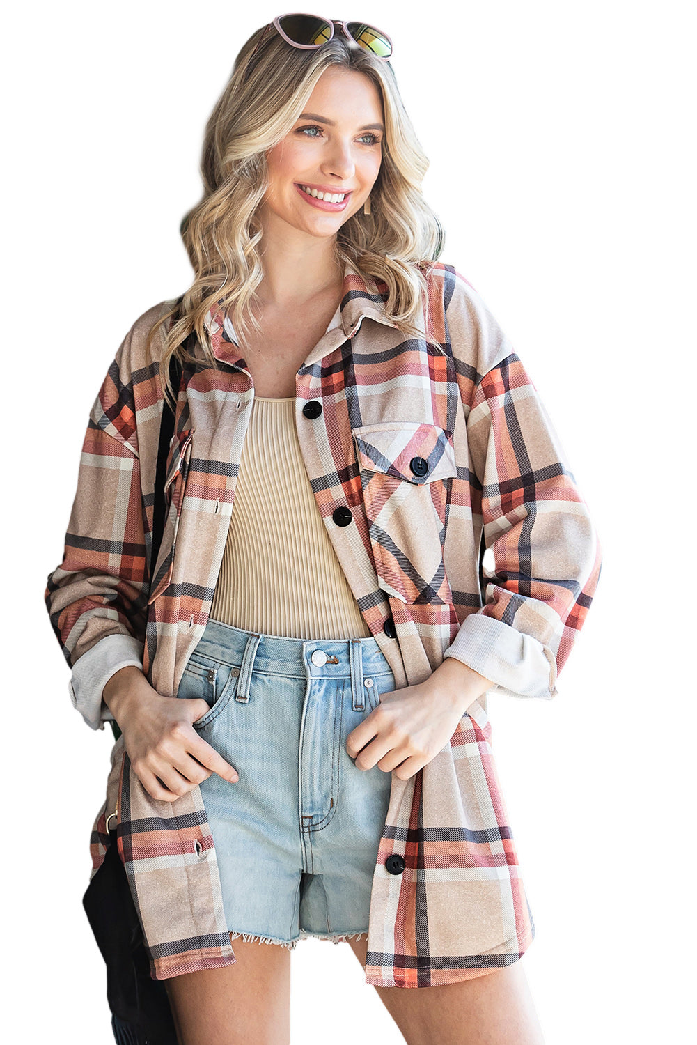 Chest Pockets Buttoned Oversized Plaid Shacket | Khaki