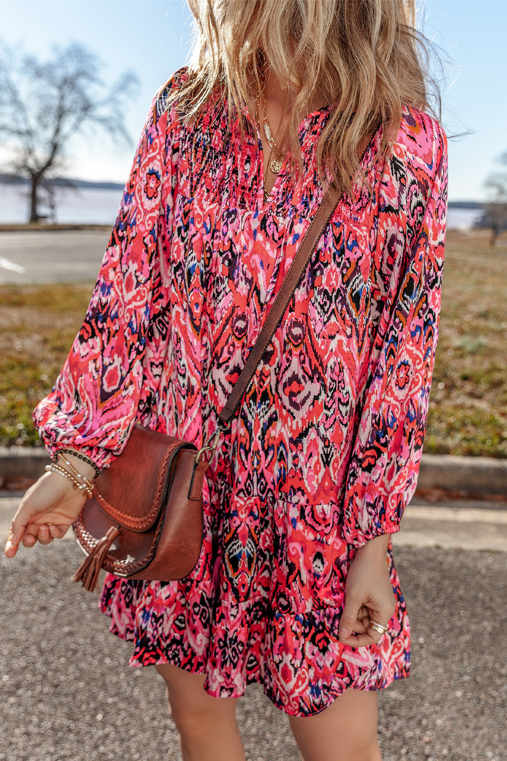 Abstract Printed Tassel Tied Neck Long Sleeve Ruffled Mini Dress | Rose