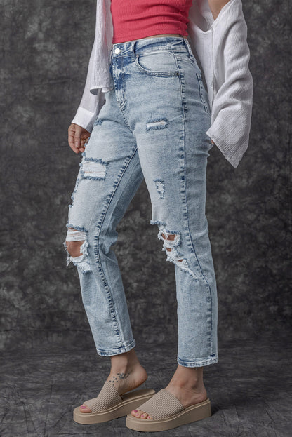 Light Wash Frayed Slim Fit High Waist Jeans | Sky Blue