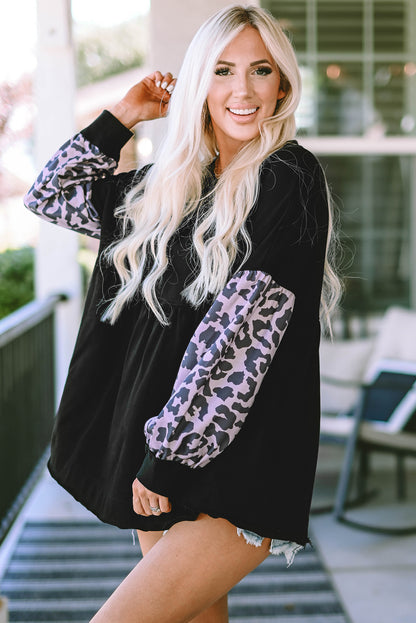 Leopard Splicing Sleeve Ruffle Loose Sweatshirt | Black