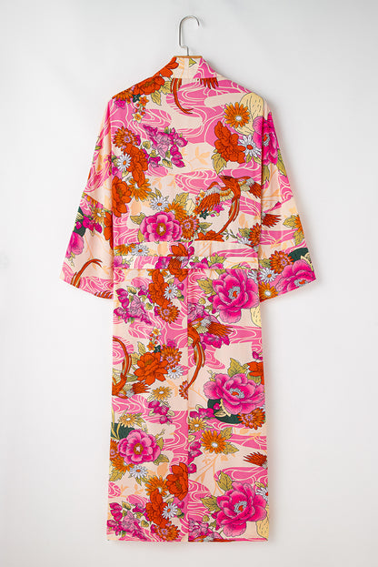 Floral Allover Print Open Front Belted Duster Kimono | Pink