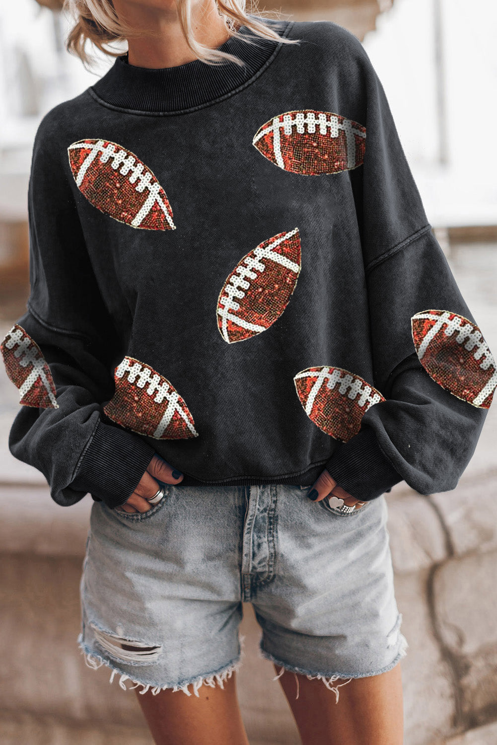 Black Rugby Football Print Drop Shoulder Crew Neck Sweatshirt