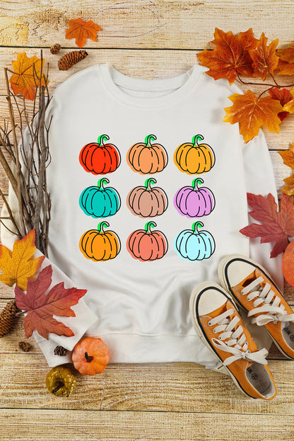 Vibrant Pumpkins Print Crew Neck Halloween Sweatshirt | Beige