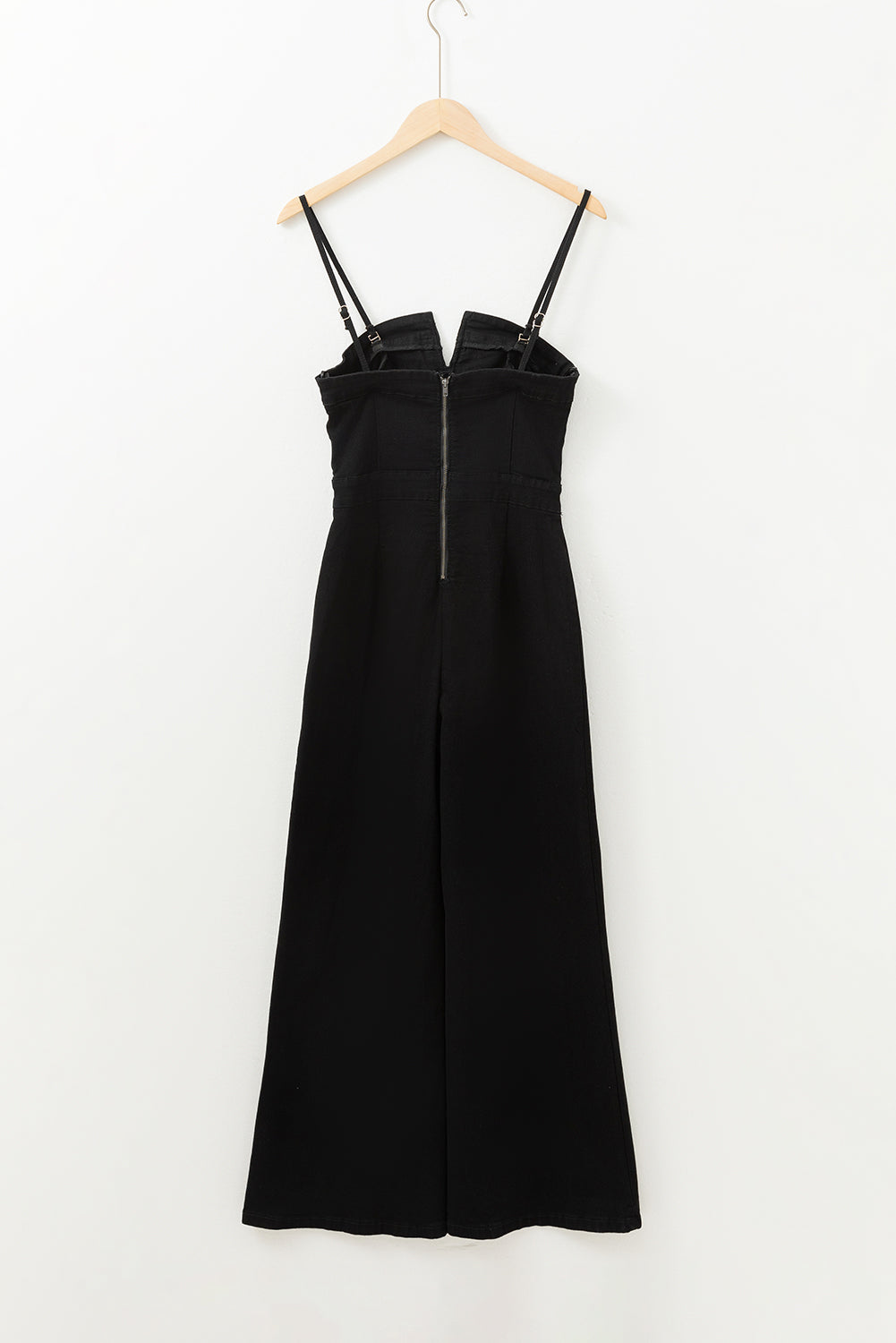 Seamed Zipper Spaghetti Strap High Waist Flared Jumpsuit | Black