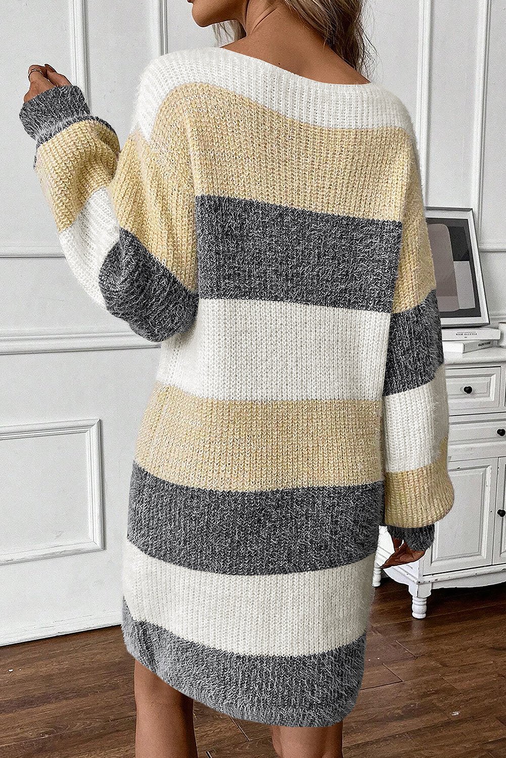 Colourblock Bubble Sleeve Drop Shoulder Sweater Dress | Gray Stripe