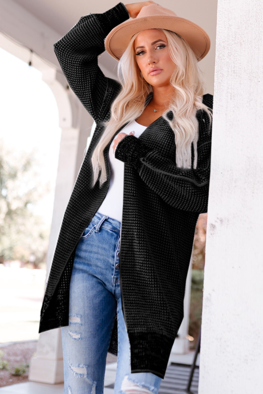 Plaid Knitted Long Open Front Cardigan | Black