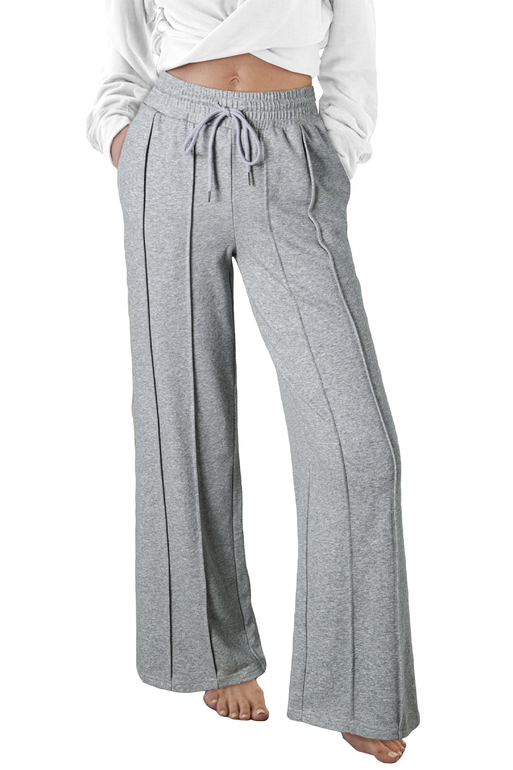 Seamed Drawstring High Waist Wide Leg Sweatpants | Gray