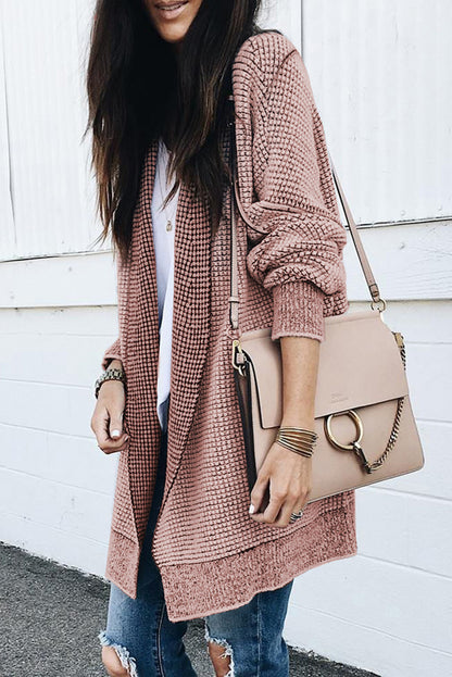 Plaid Knitted Long Open Front Cardigan | Pink