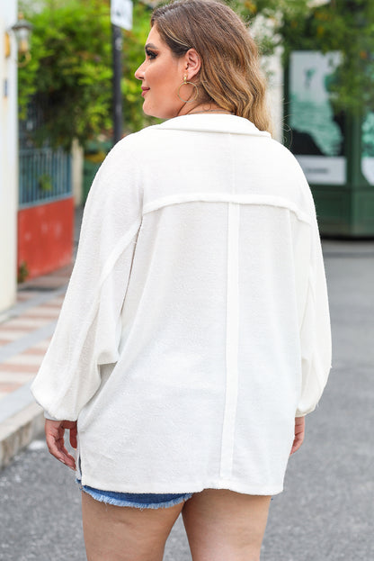 Plus Size Long Sleeve Flap Pocket Henley Top | White