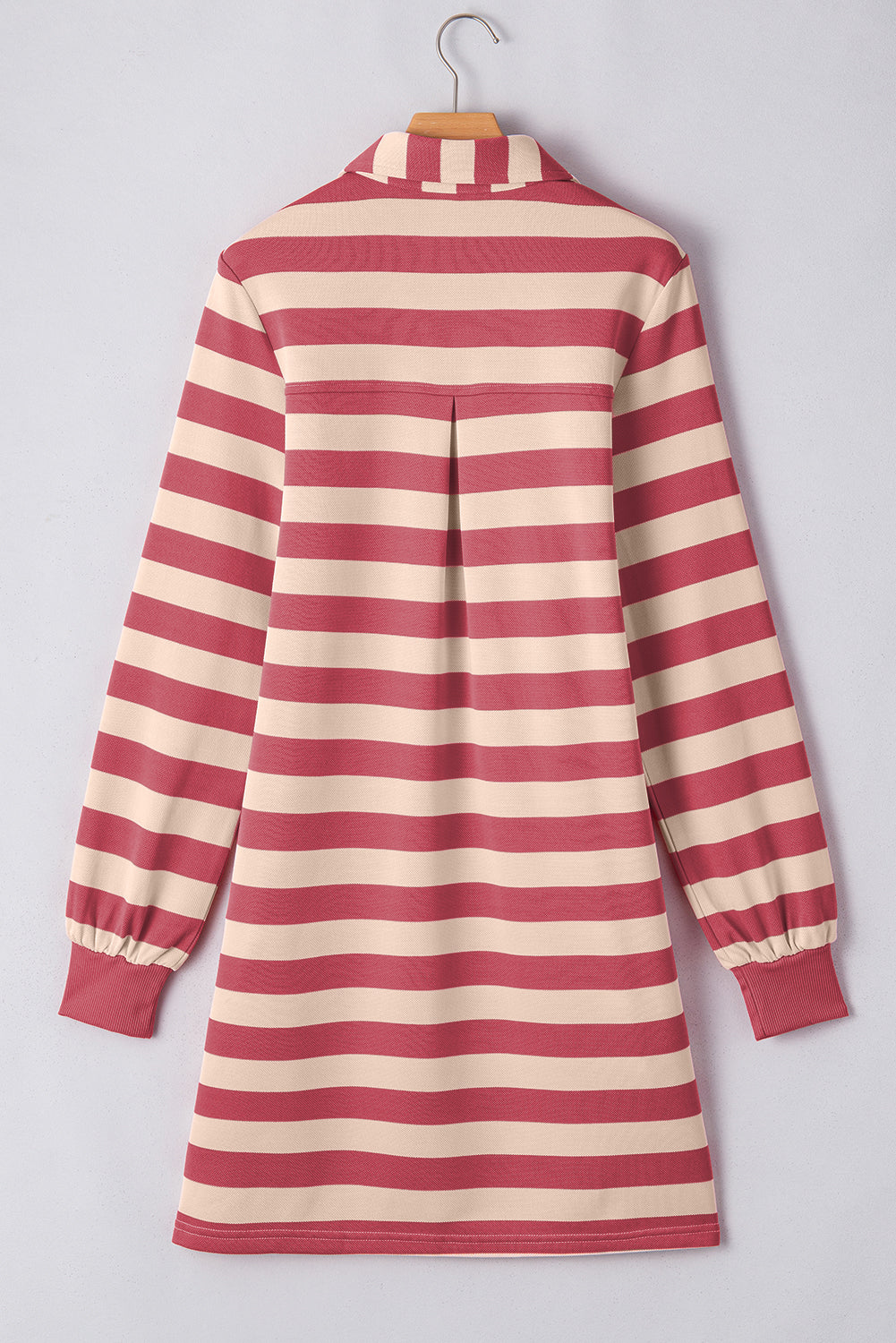 Collared V Neck Long Sleeve Loose Casual Dress | Pink Stripe