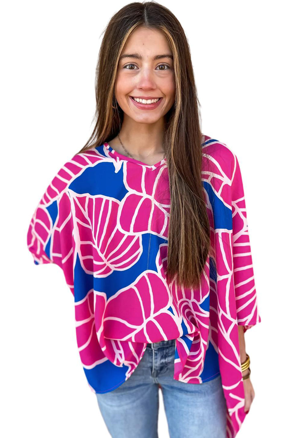 Floral Print 3/4 Sleeve V Neck Baggy Blouse | Rose Red