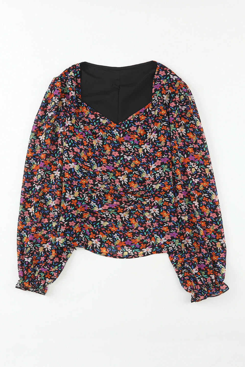 V Neck Bubble Sleeve Floral Blouse | Black