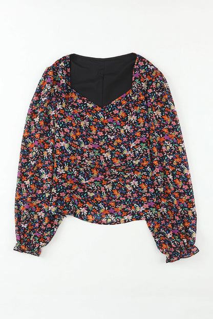 V Neck Bubble Sleeve Floral Blouse | Black