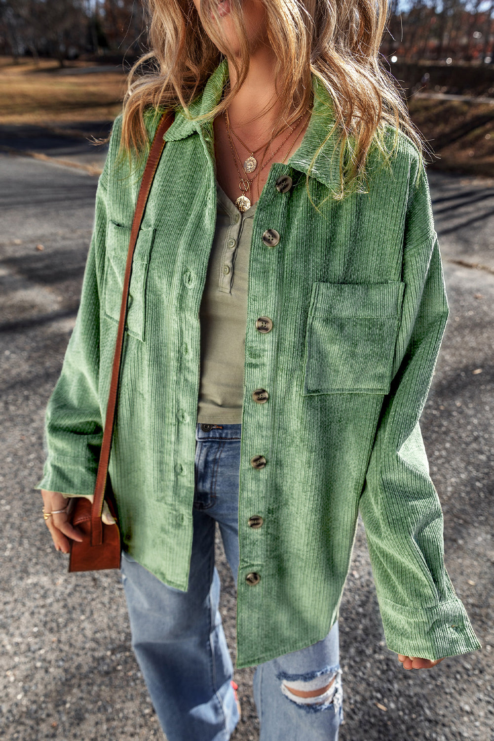 Patched Pocket Button Up Corduroy Shacket | Mist Green