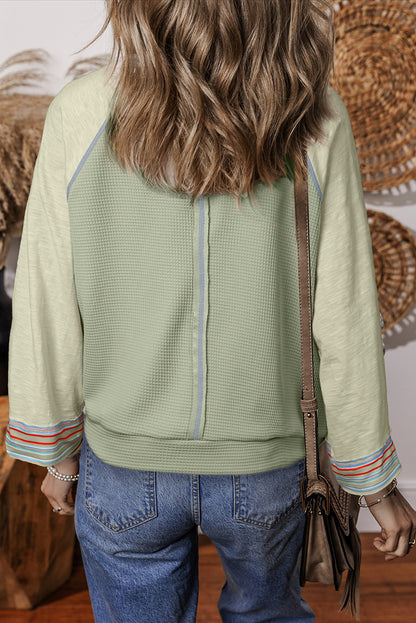 Waffle Knit Wide Bracelet Sleeve Patchwork Raglan Top | Meadow Mist Green