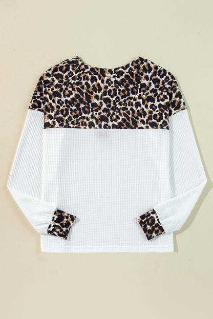 Leopard Waffle Knit Patchwork Button V Neck Top | White