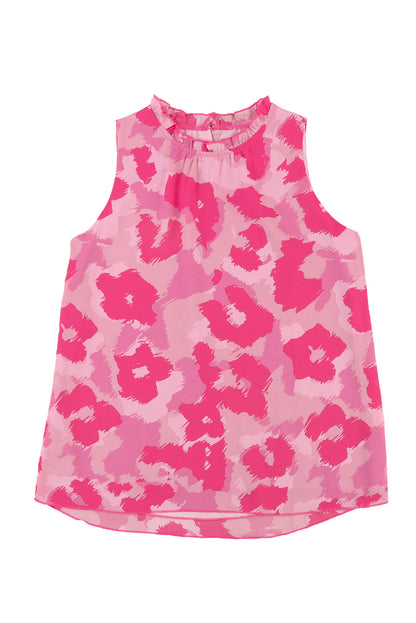 Pink  Frilled Collar Printed Tank Top | Leopard