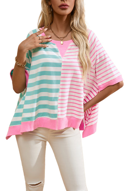 Contrast Patchwork Oversized T Shirt | Pink Stripe