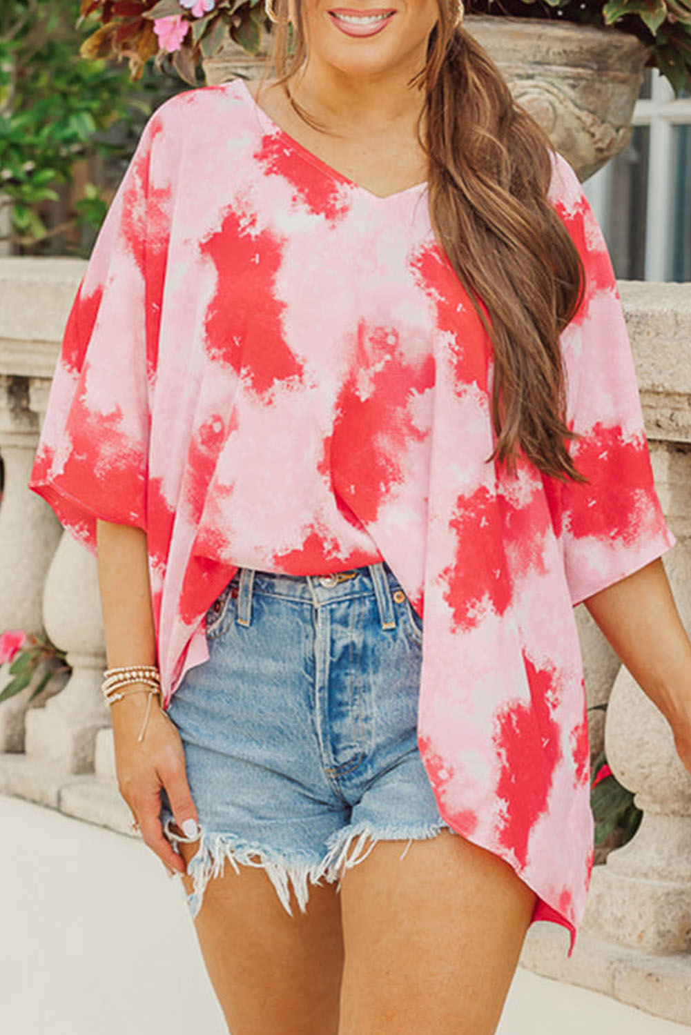 Plus Size Tie-Dye Print 3/4 Sleeve Tunic Top | Red