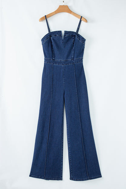 Seamed Zipper Spaghetti Strap High Waist Flared Jumpsuit | Sail Blue