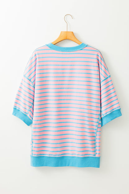 Oversized Contrast Trim Exposed Seam High Low T Shirt | Pink Stripe