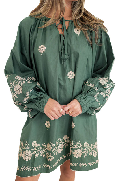 Tie Neck Boho Floral Pattern Puff Sleeve Shift Dress | Mist Green