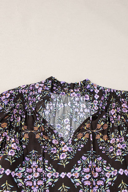 Vintage Floral Ruffle Sleeve V Neck Blouse | Black