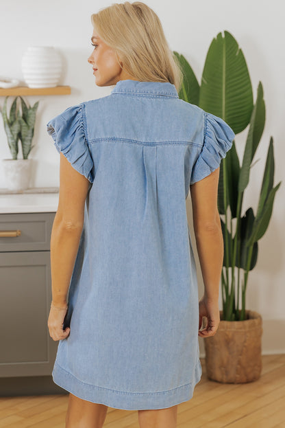 Flutter Sleeve Shirred Detail Button Up Denim Mini Dress | Beau Blue