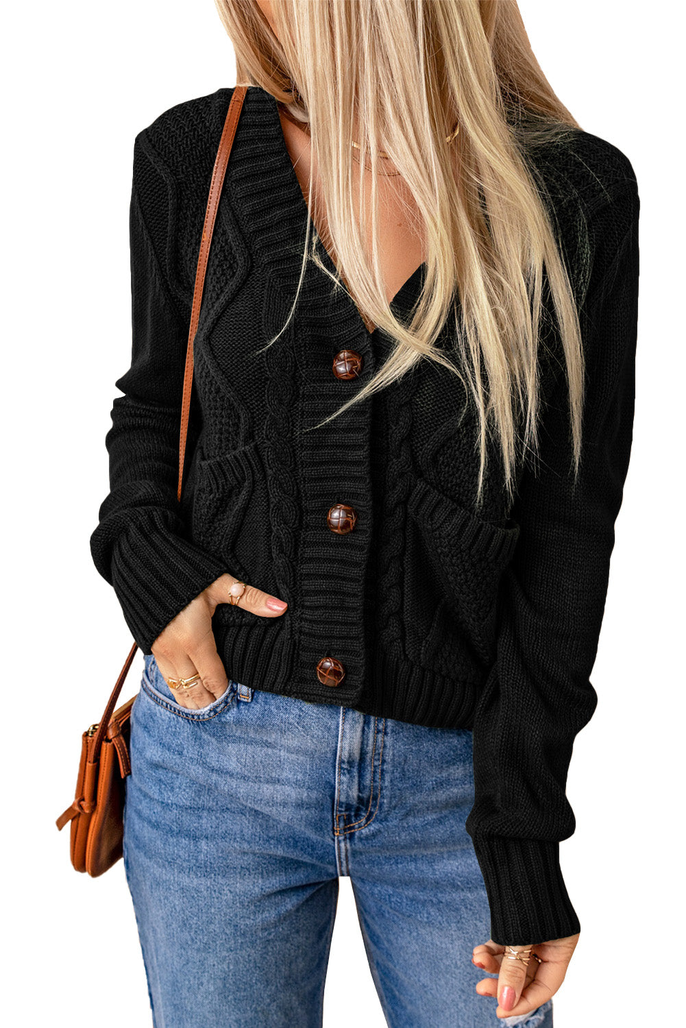 Front Pockets Buttons Textured Cardigan | Black