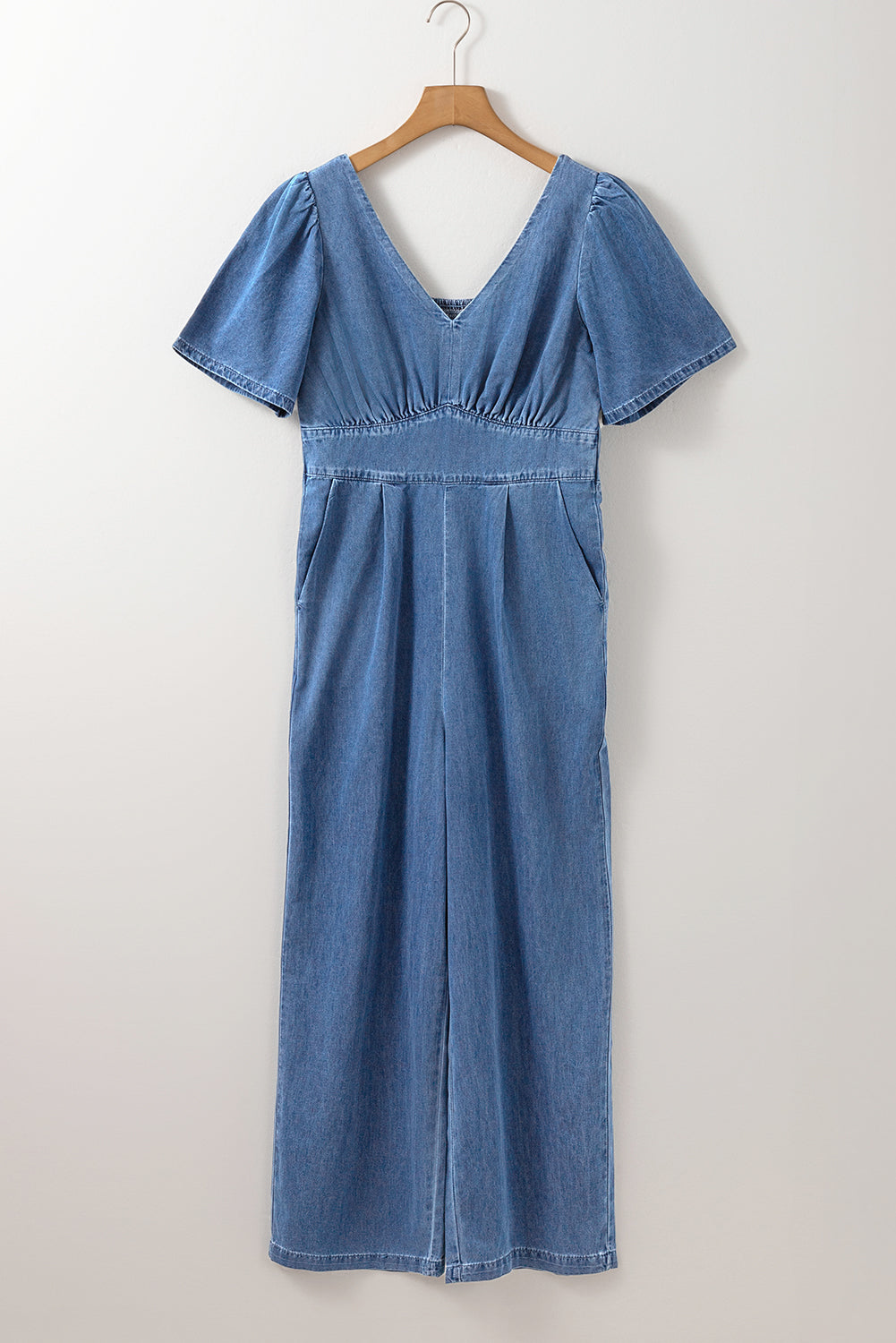 V Neck Short Sleeve Smocked Back Denim Loose Jumpsuit | Ashleigh Blue